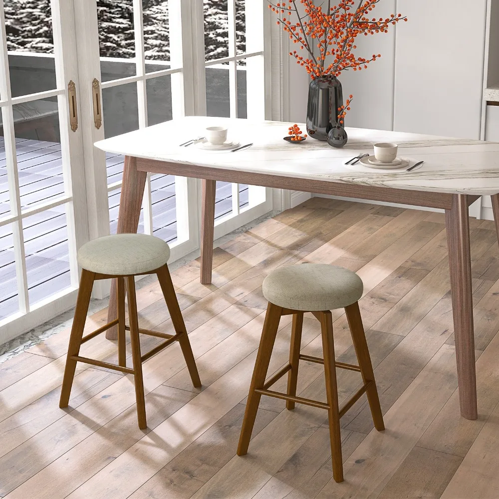 

2PC Swivel Bar Stools Upholstered Counter Height Chairs w/ Rubber Wood Legs