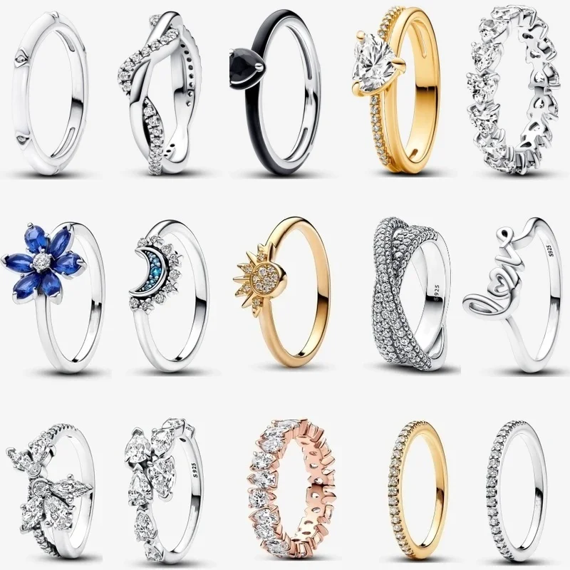 

2023 New Spring 925 Sterling Silver Sparkling Blue Herbarium Cluster Alternating Sparkling Band Ring For Woman Silver Jewelry