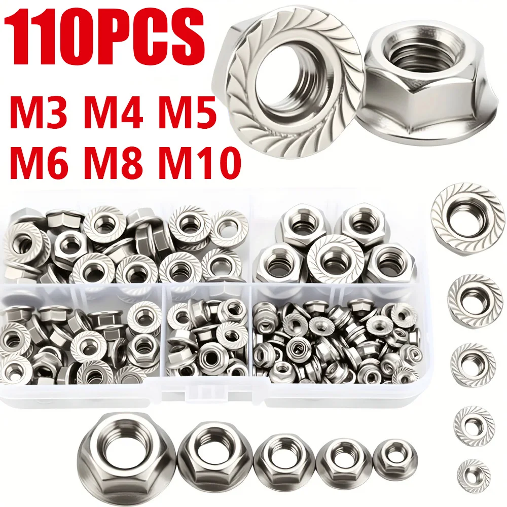 110-Piece Set of Stainless Steel Hexagonal Flange Nuts M3 M4 M5 M6 M8 M10, Industrial Equipment Mechanical Parts