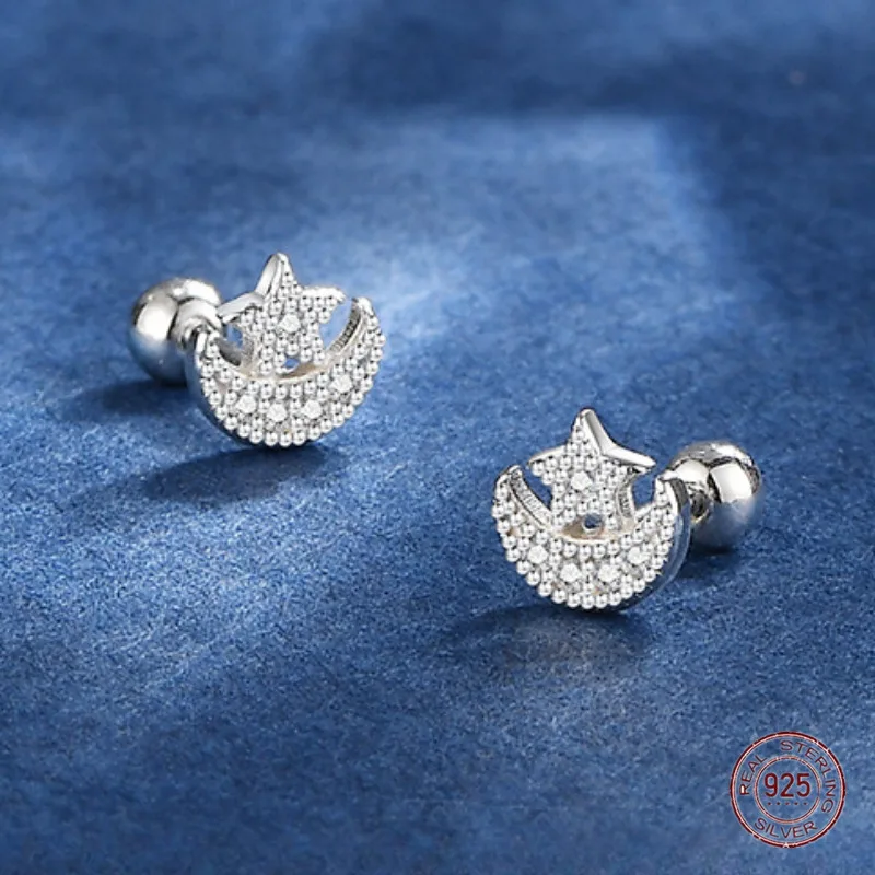 Женские серьги-гвоздики со звездой и луной, из серебра 925 пробы