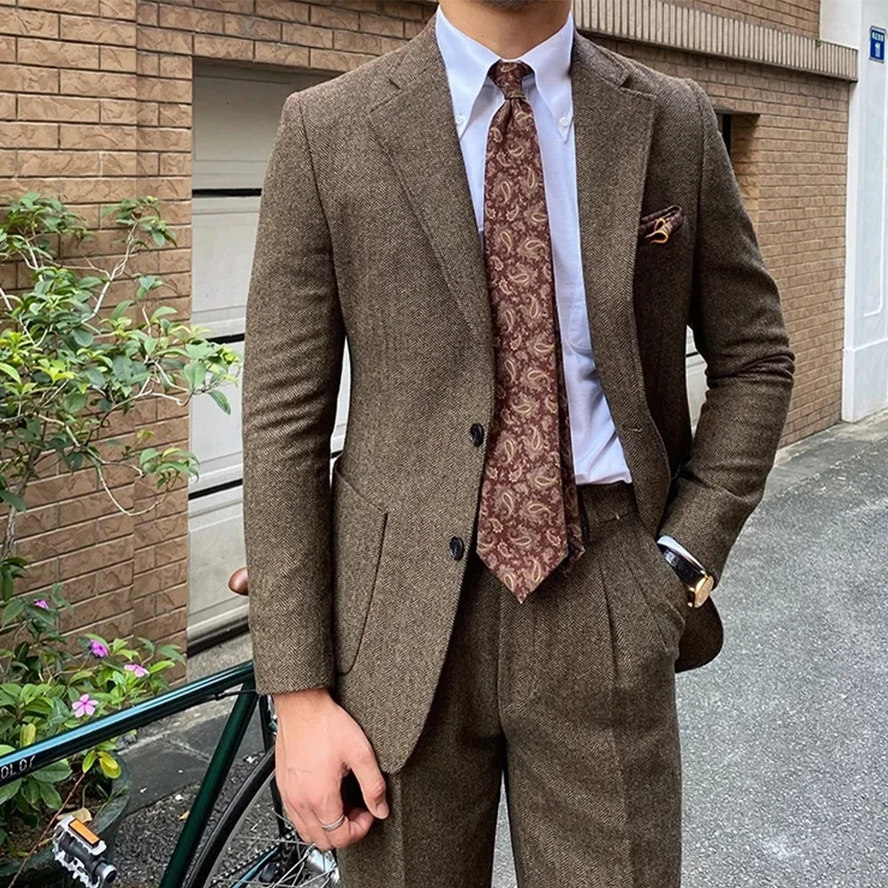 

2 Pieces Men's Suits Tweed Herringbone Slim Fit One Botton Groomsmen Wedding Suits Men suits （Blazer+Pants）