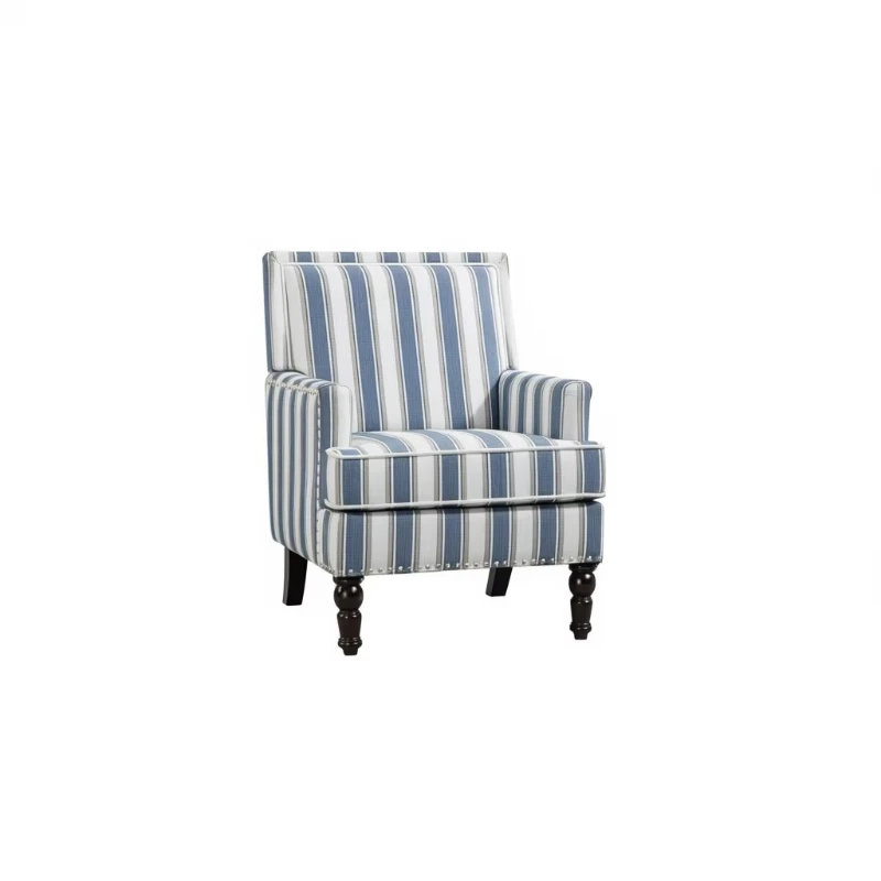

Padded trim, blue and white striped linen, vintage living room chair