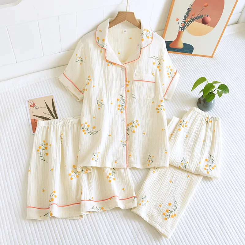New Summer Pajamas Home Suit Women's Cotton Crepe Three-piece Short Sleeve + Shorts +Trousers Large Size Simple Flower Pants Set