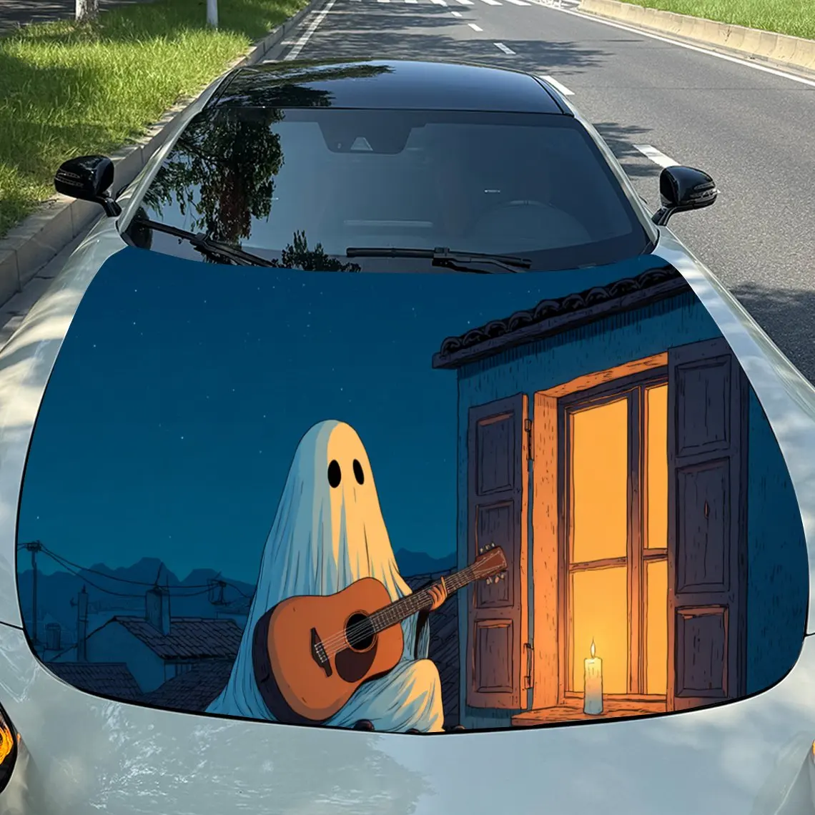 Charming Ghost & Guitar Car Hood Stickers - Self-Adhesive, Waterproof and Durable Vinyl Wrap, Decorate And Protect Your Car, Fit