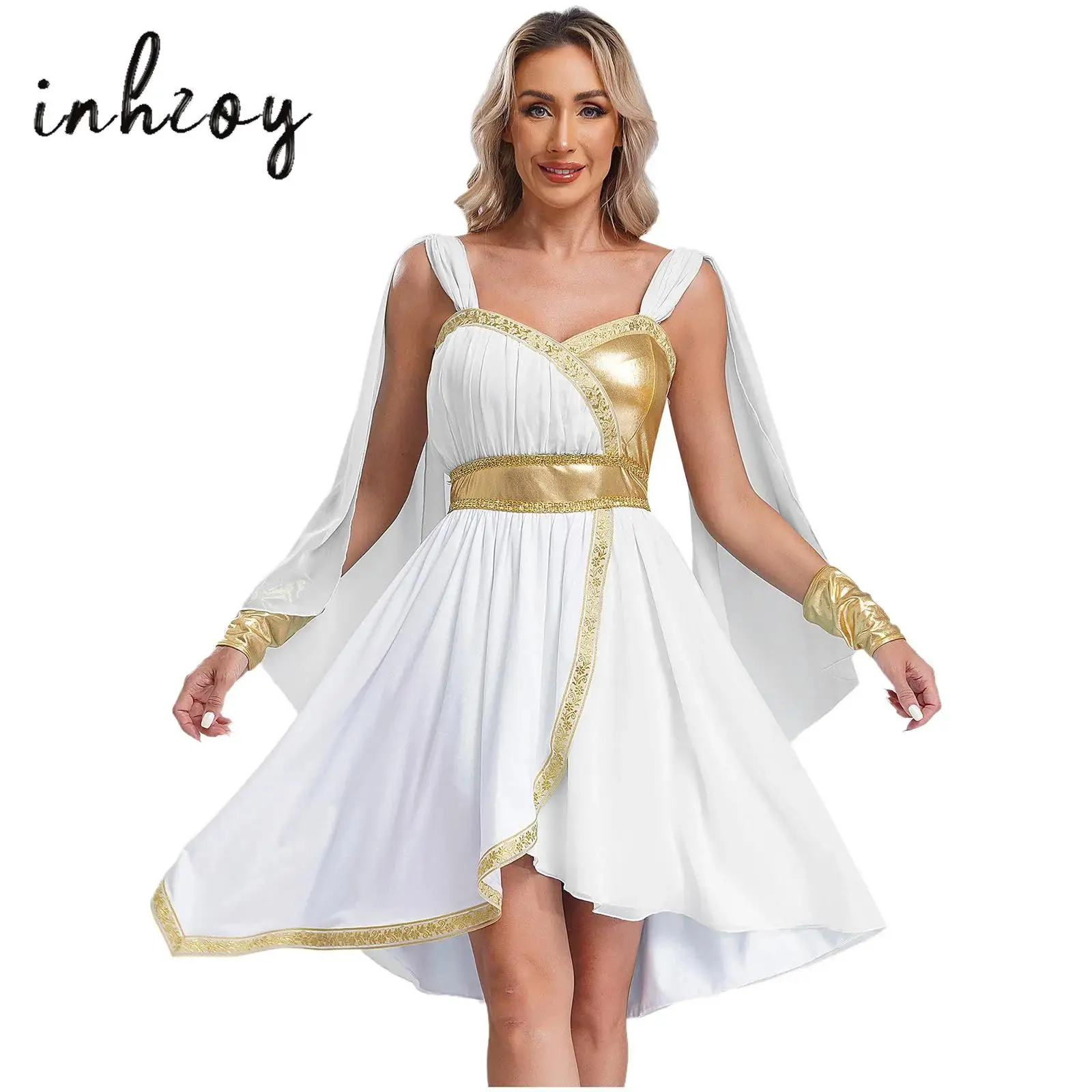 

Women Ancient Greece Dress Halloween Queen Dress Up Costume Gold Stamped Chiffon Toga Dress+Cuffs for Dance Party Performance