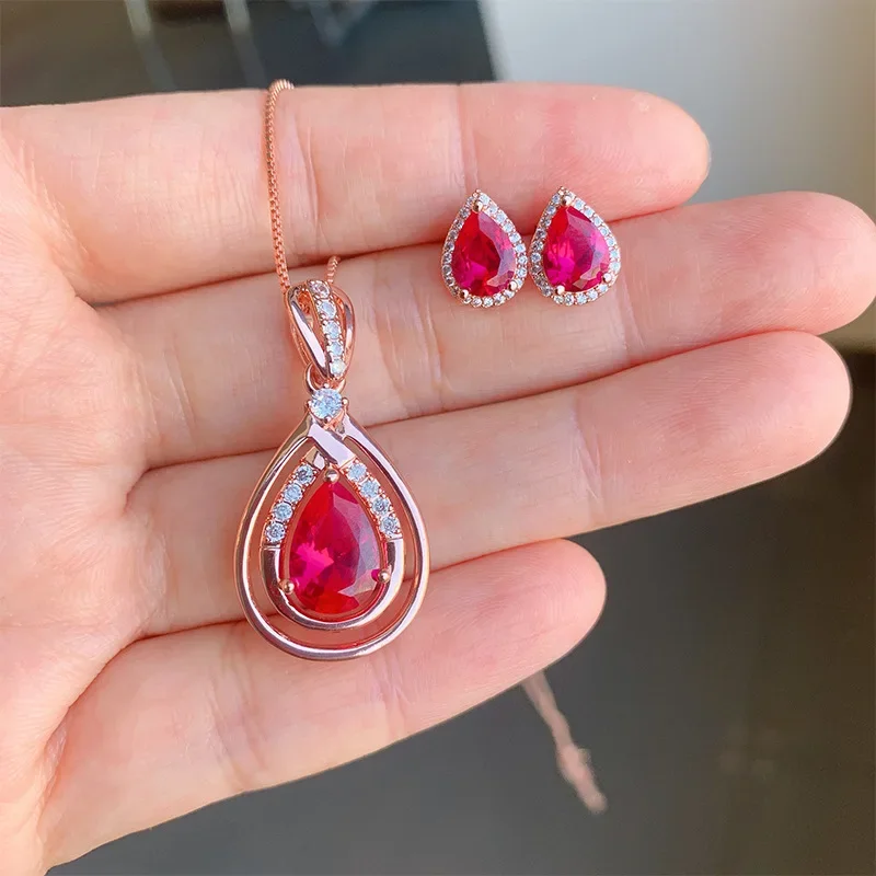 Red Water Droplet Crystal Pendant Necklace Earrings Jewelry Set Crown For Women High Quality Cubic Zircon Rose Gold Chain Gift