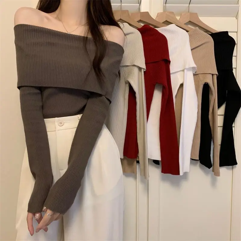 Solid Backless Clothing Women Female Autumn Winter Slash Neck Red Y2K Basic Tees Streetwear T Shirts Casual Sexy Fashion Tops