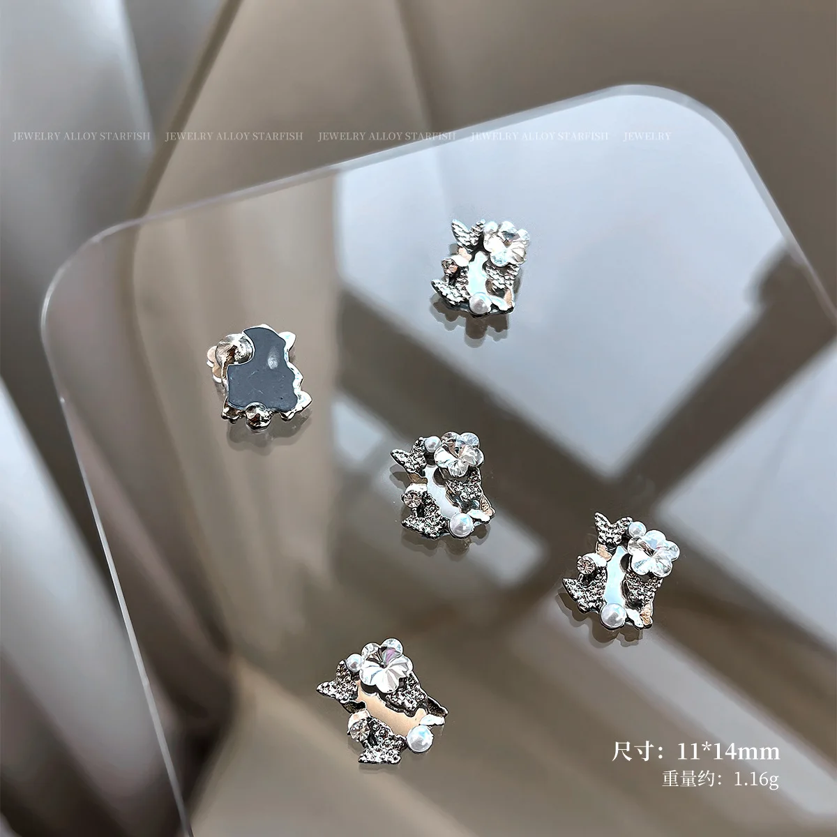 - سحر المرآة - تصميم مذهل للأظافر الحلي فراشة زهرة كريستال تزين إطار مرآة مجوهرات فضية معدنية مسمار سبيكة 404 #5