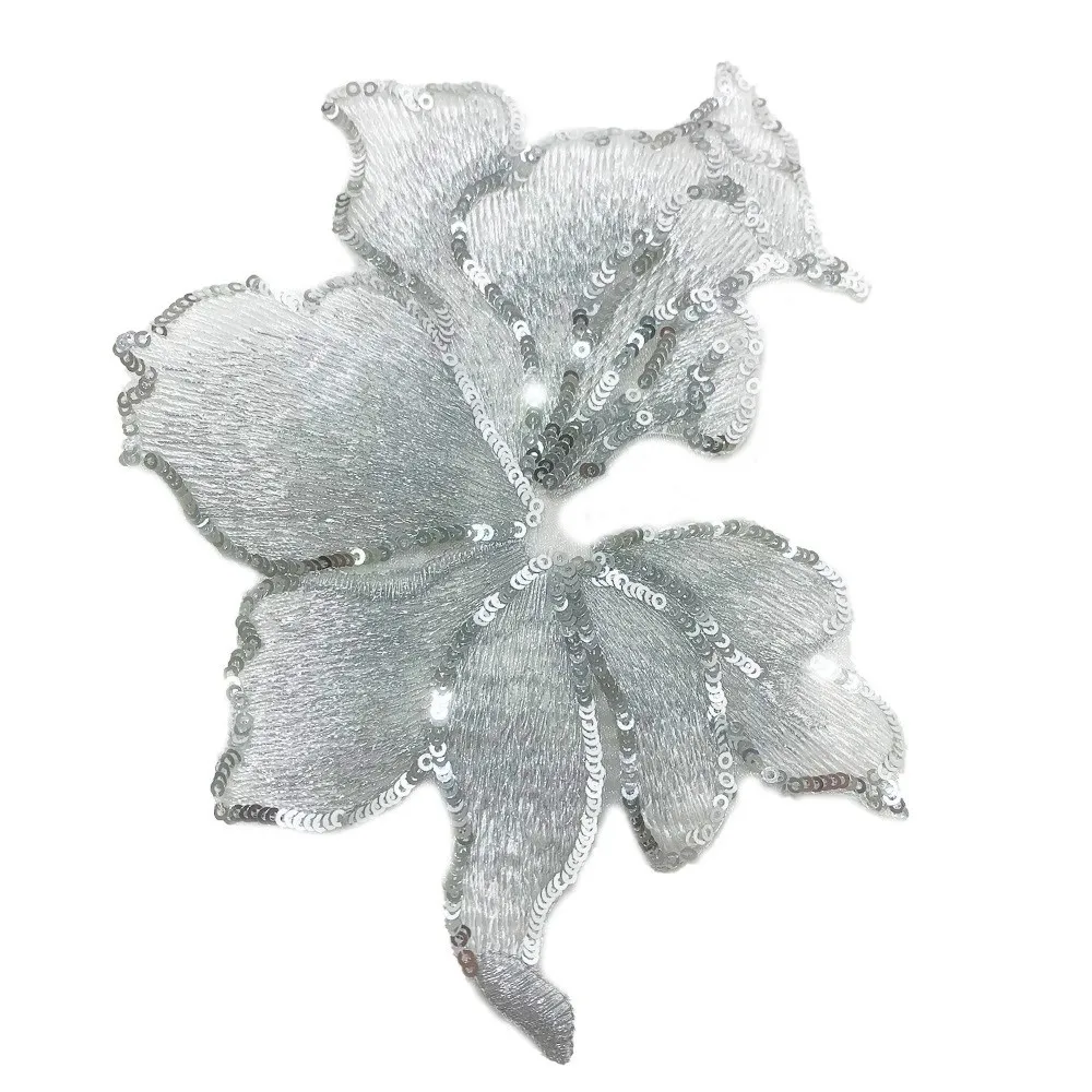 Creative Big Sequin Flower Applique DIY Lace Trim 3D Flower Embroidery Patches Mesh Applique Sew on Embroidered Applique