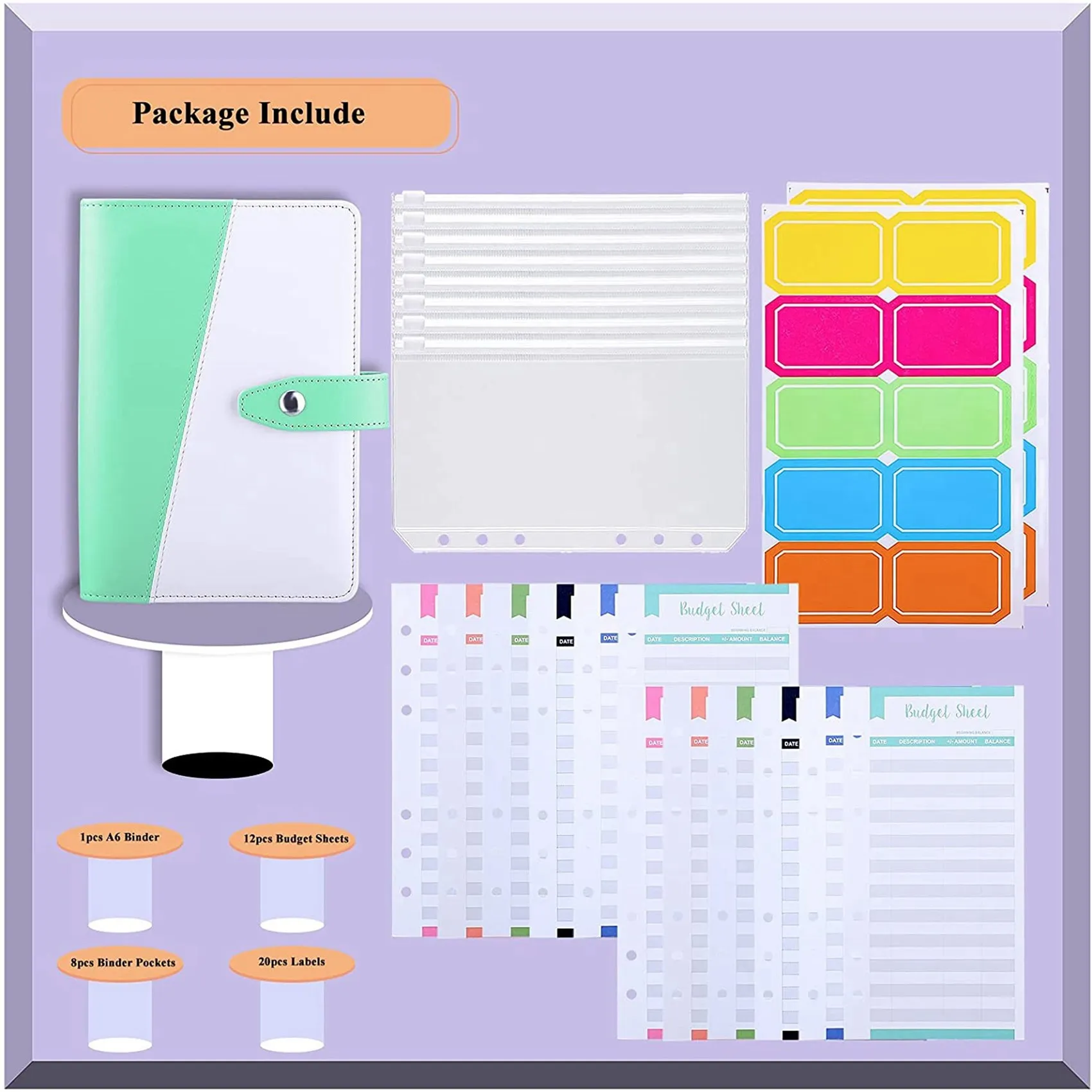 A6 Binder Cover Set with A6 Binder Pockets Expense Budget Sheets Sticker Labels for Money Saving Cash Envelopes System A