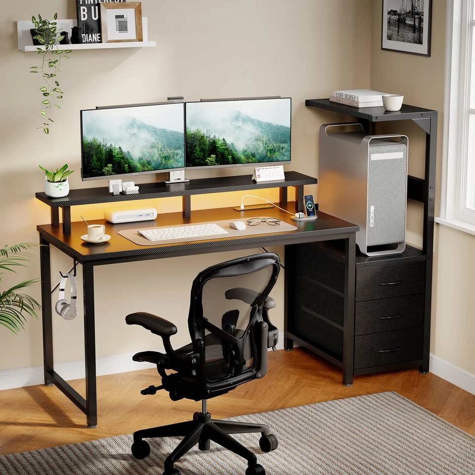 Reversible Gaming Desk with LED Lights and Storage