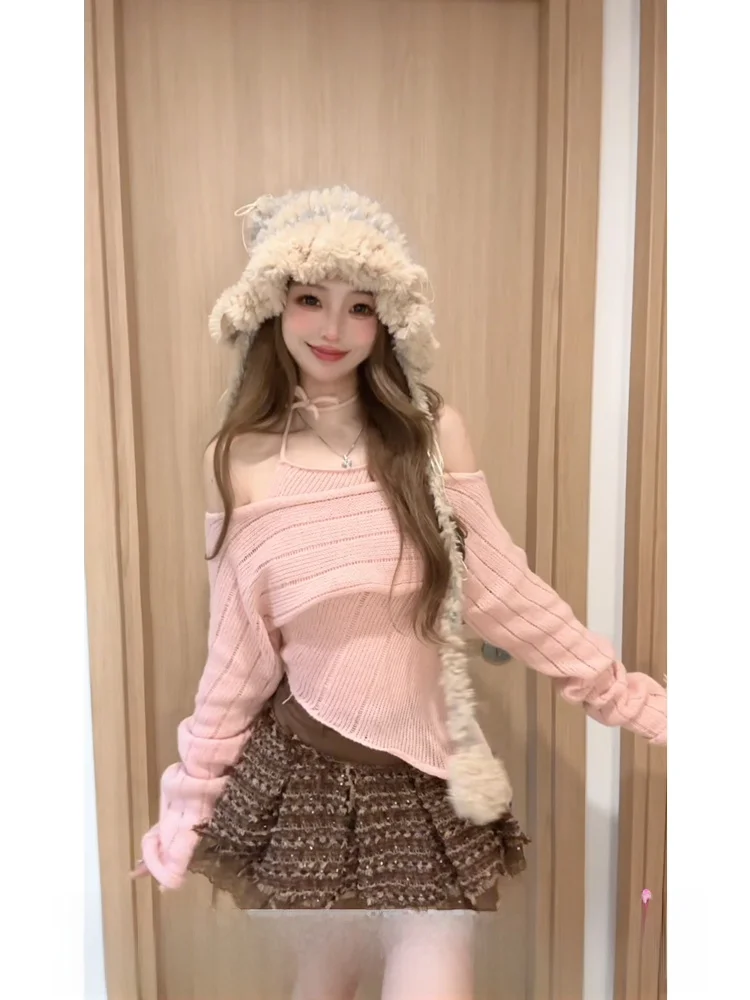 

Autumn Winter Women's Pink Knitted Sweater True Two-Piece Versatile Sli Sweet Design Sense Faionable Ladies' Knitwear