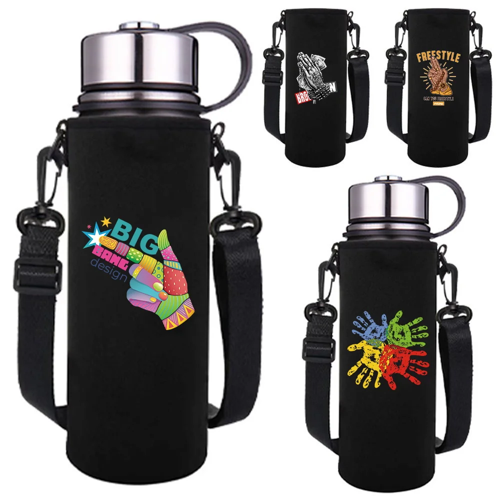 

Water Bottle Sleeve Adjustable Strap, Portable Insulated Water Cup Sleeve for 550-1500ML Sports Bottles Case Hand Print