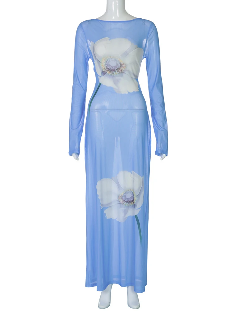 Sibybo Blumendruck Mesh Sheer Maxikleid für Damen, rückenfrei, Rundhalsausschnitt, lange Ärmel, figurbetontes Partykleid, Sommerurlaub, Strandmode
