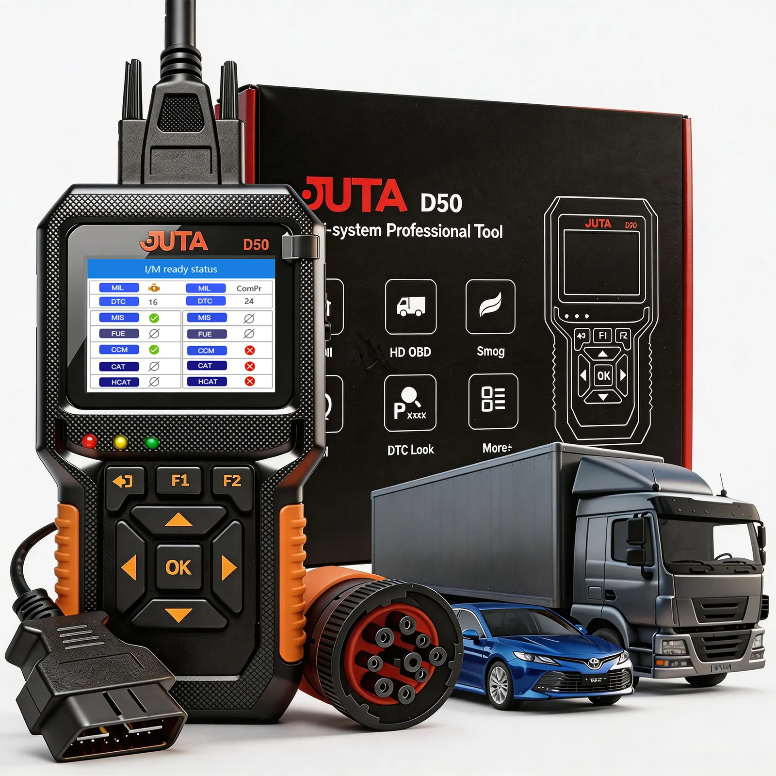 D50 OBD2 Scanner Car and Truck Code Reader Heavy Duty HD Diesel Diagnostic Scan Tool 2 in 1 Auto Clear Check Engine Fault Light