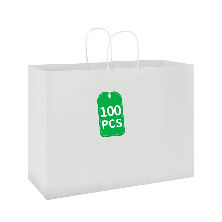 

100 Pack 16x6x12 Inches Large White Kraft Paper Bags with Handles Bulk for Shopping Wedding Grocery Retail Merchandise Business