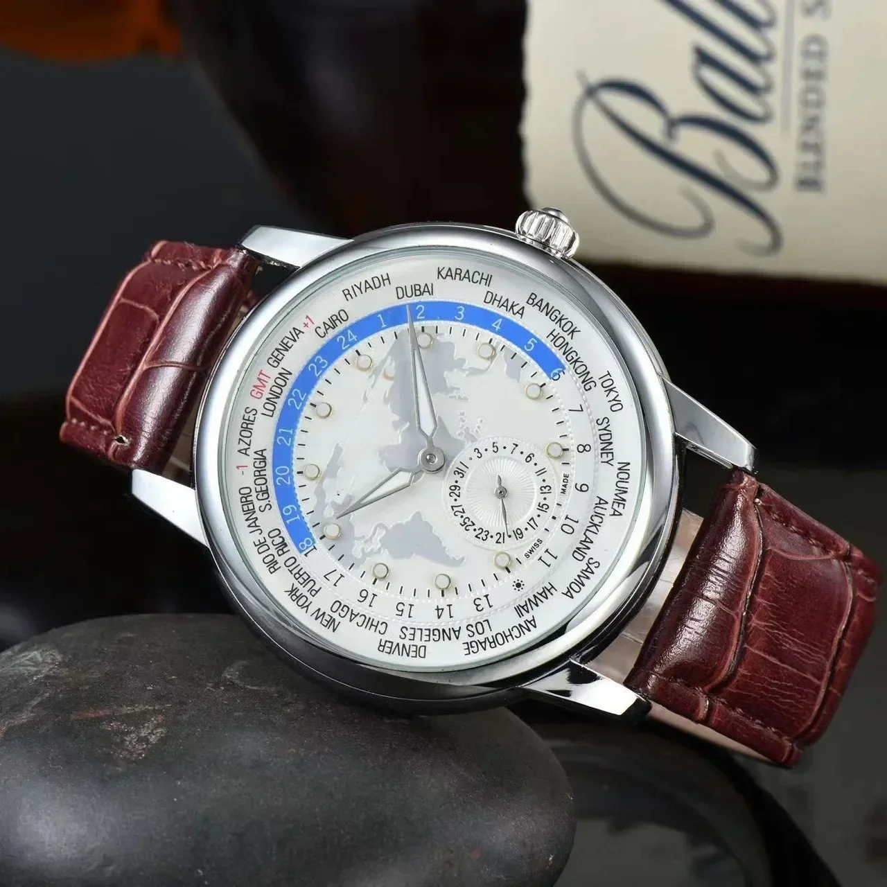 Montre à Quartz de luxe pour hommes montre à cadran bleu montre-bracelet d'affaires analogique montres bracelet en cuir étanche montre cadeau de mode pour hommes