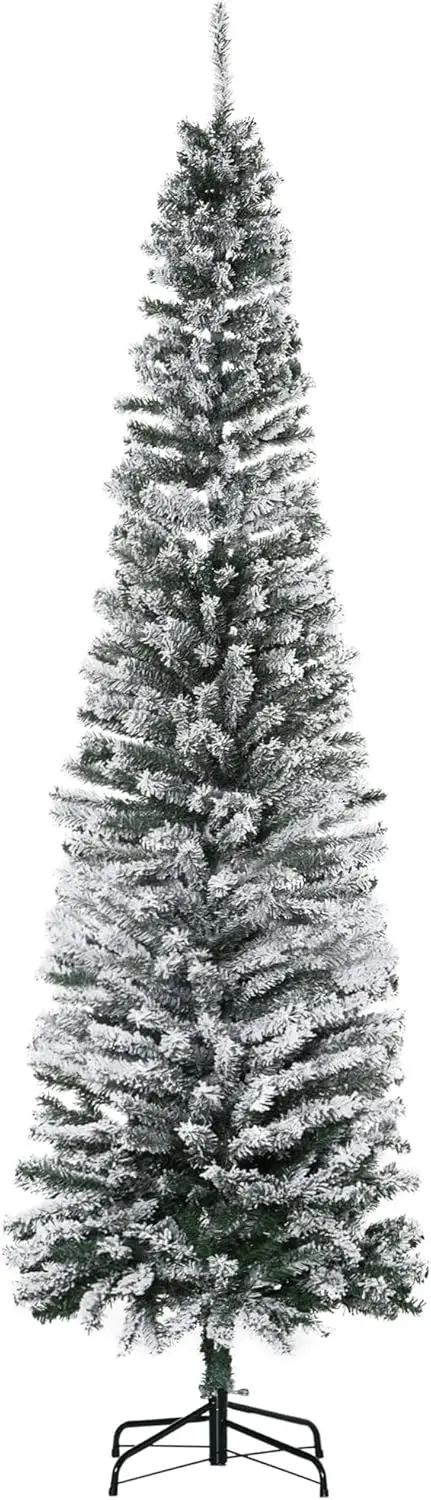 

7.5ft Flocked Artificial Christmas Tree with Faux Snow, Dense Branches, Foldable Metal Base for Indoor Holiday Decor