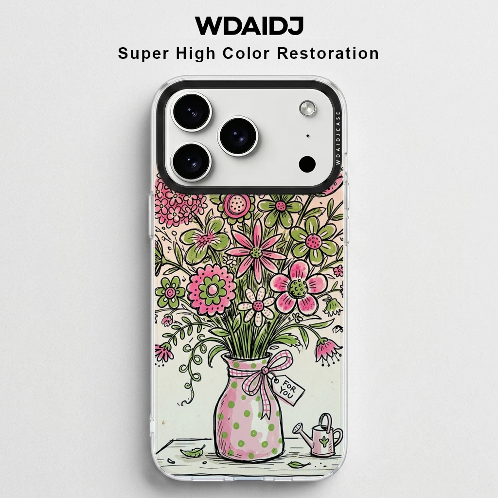 

Hand Drawn Flower Vase Print Clear Phone Case for iPhone 13 14 15 16 17 Sweet Pattern Anti Yellow Shockproof Protective Cover