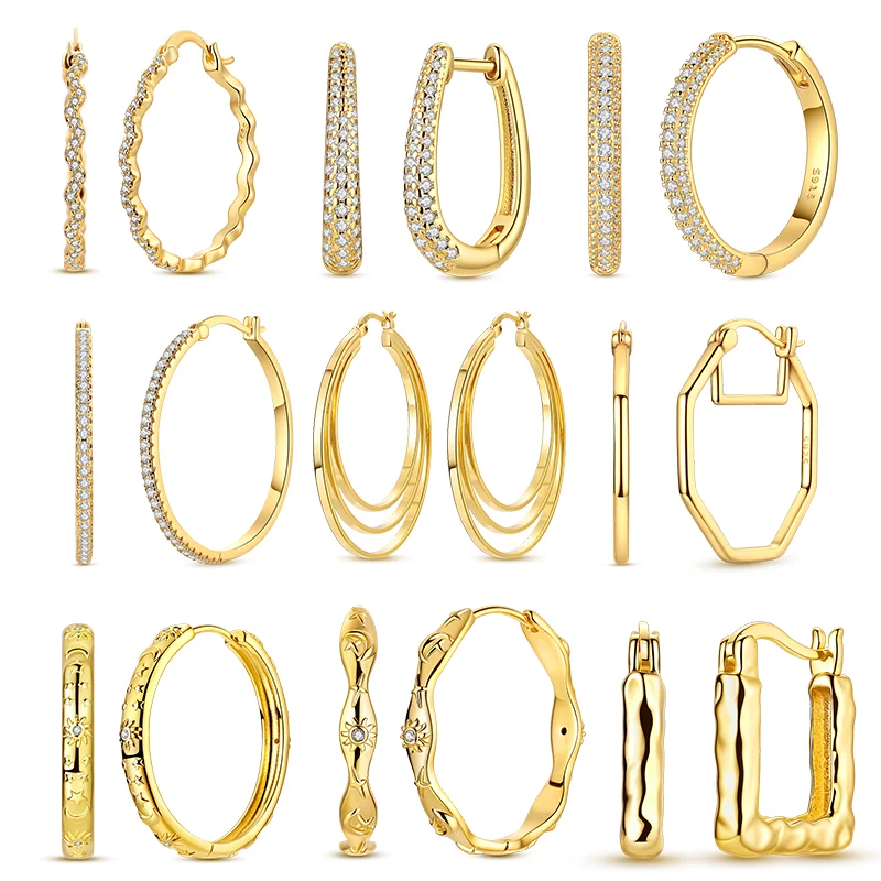 

925 Sterling Silver Earrings Women Sparkling Golden Hoop Earring For Anniversary Wedding Jewelry Gifts
