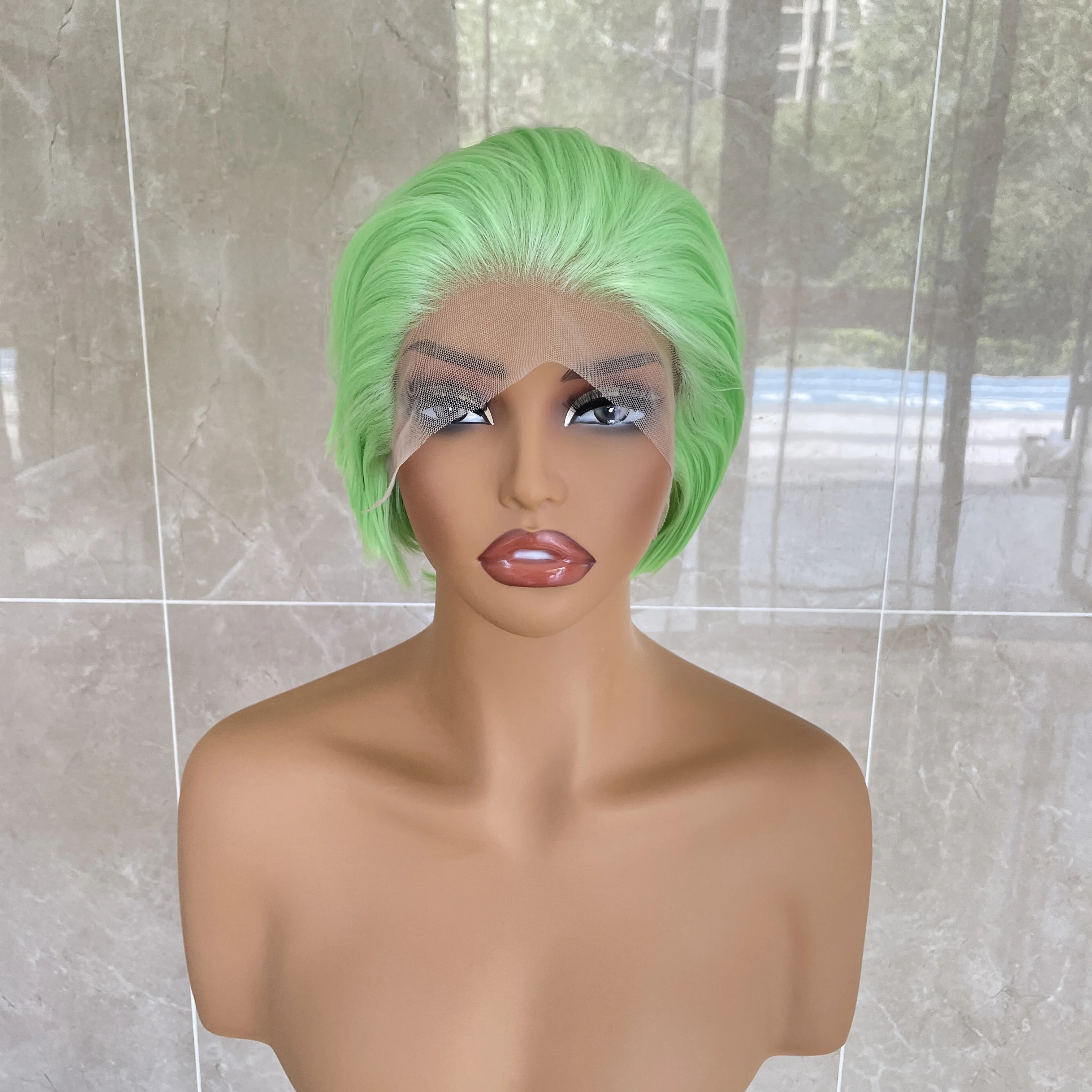 

Светло-зеленые короткие стрижки боб 13X4, синтетические парики спереди для женщин, косплей, бесклеевая средняя кепка, плотность 150%, термостойкие парики