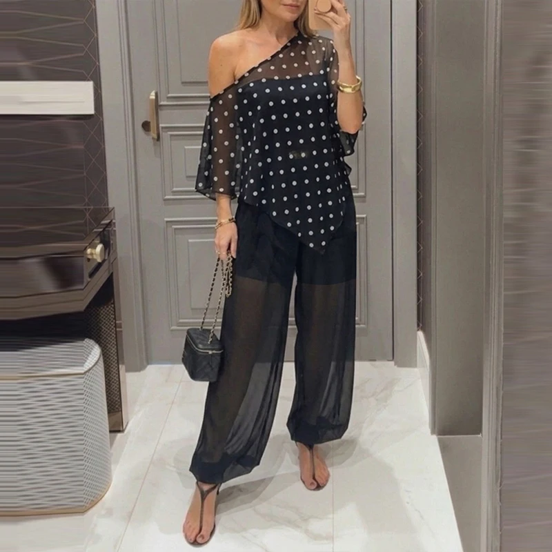 Polka Dot Slant Neck Top Commuter Outfit Casual Elastic Waist Long Pants Women Suit Summer Asymmetric Loose Holiday 2 Piece Sets