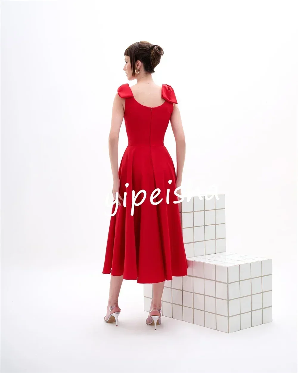 Customized Fashion Jersey Bow A-line Scoop Neck Midi Dresses Homecoming Dress Classic Exquisite Modern Style Gown for Women
