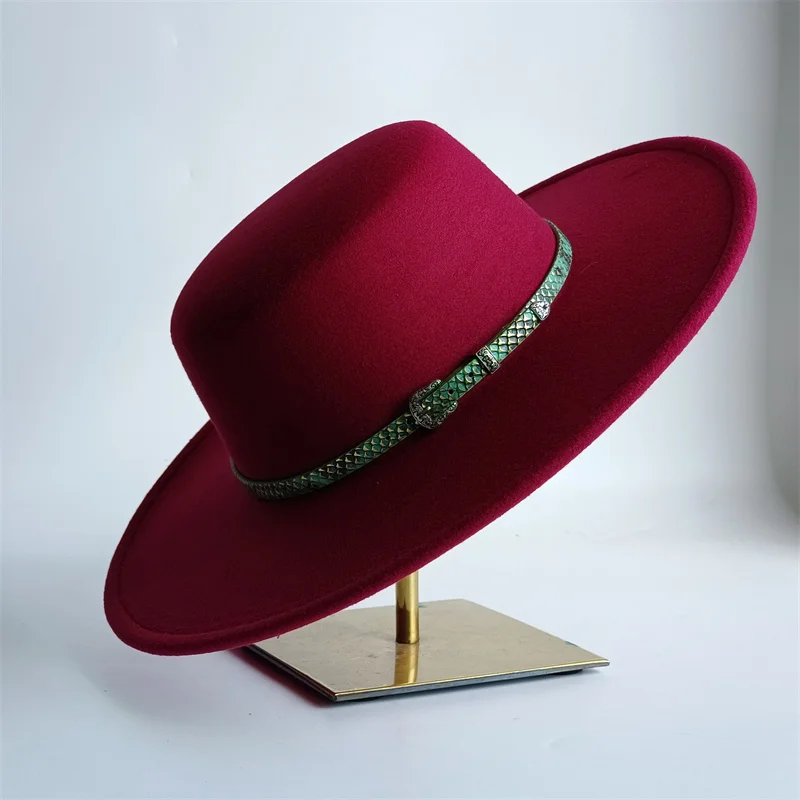 10CM Fedora Hat Flat Top Pork Pie Hat Snakeskin Accessories Red Felt Hat Men's Jazz Flat Church Hat  Wedding Hat Women's Hat