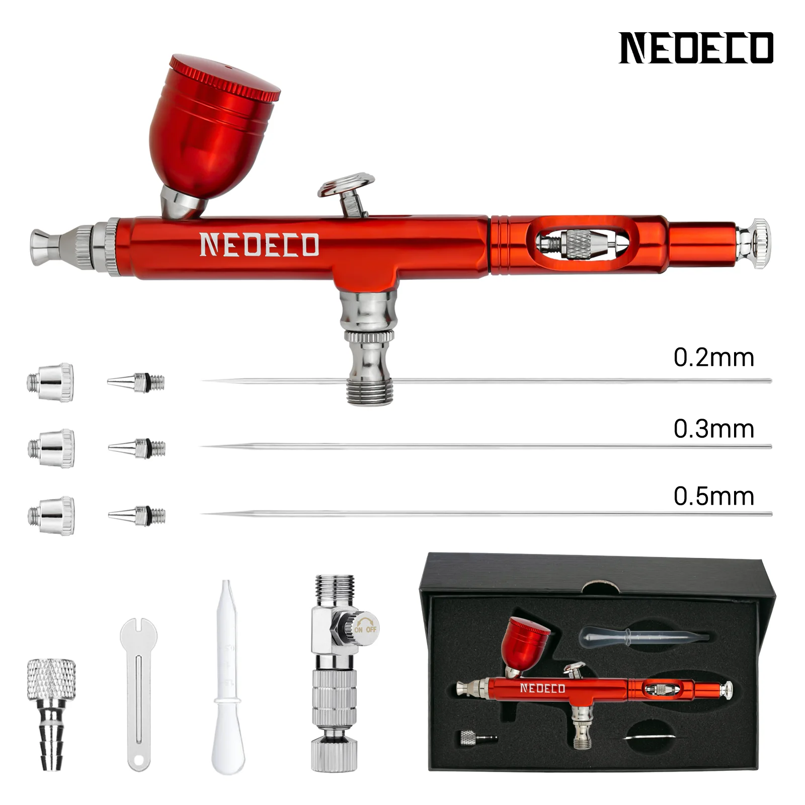 Neoeco Airbrush-Set, Dual-Action-Schwerkraft-Luftpinselpistole mit 3 Düsen-Sets, Aluminium-Spritzpistole für Make-up, Nagelkunst, Malmodell
