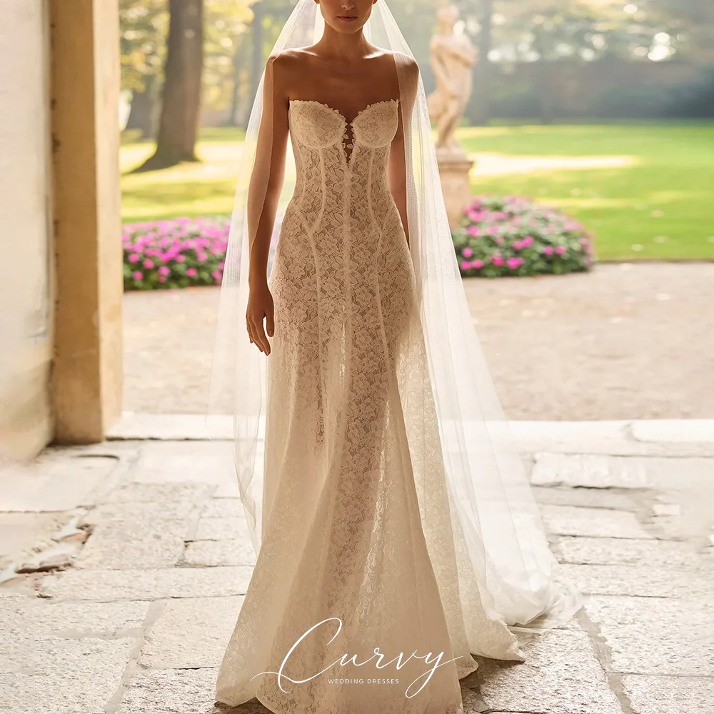 Curvy Romantic 2026 New Arrival Strapless Full Floral Lace Corset Mermaid Sweep Train Open Back Wedding Dresses for Women 2026