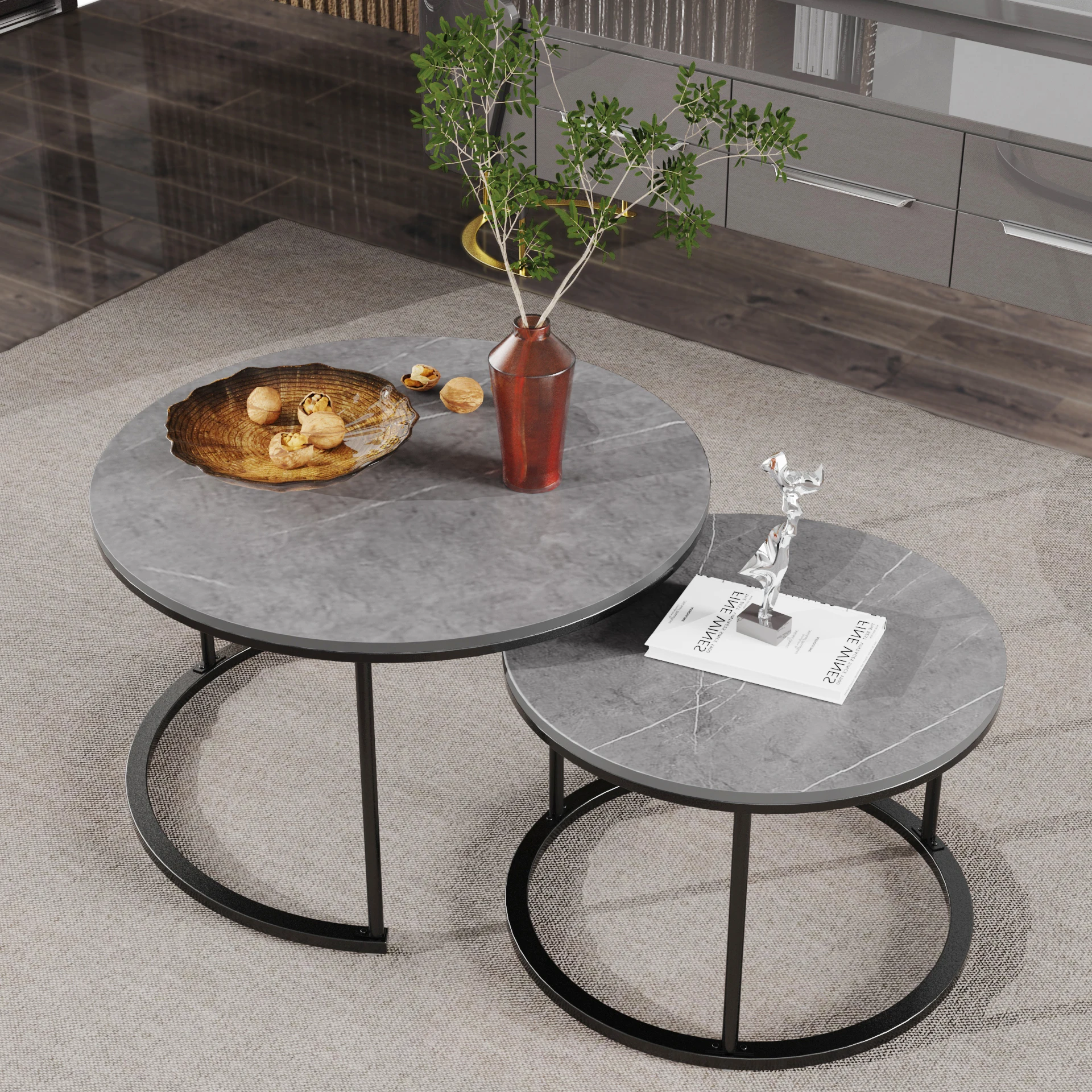 

Customizable Set of 2 Real Marble Round Nesting Coffee Table Grey Side End Accent Metal Legs Waterproof