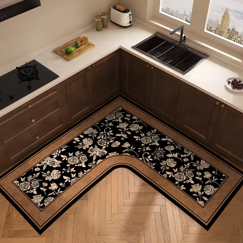 

L-shaped Carpet for Kitchen Absorbent Non-slip Floor Mat Minimalist Retro Style Home Decoration Rug Oil Absorption Wipeable