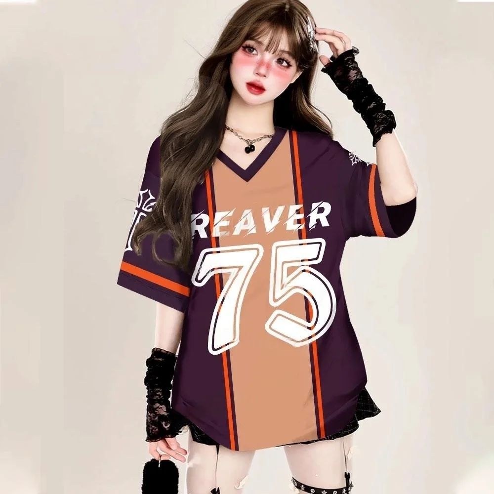 REAVER Nummer 75-Druck, V-Ausschnitt, Damen-Kurzarm-T-Shirt, Sommer-Baseball-Trikots, Streifen, übergroß, lockeres Sport-T-Shirt, Sportbekleidung