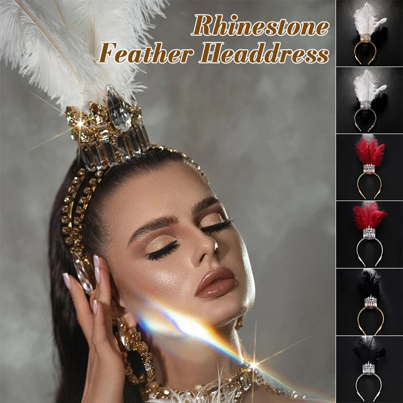 Carnival Headpiece Adorned With Rhinestones and Detachable DIY Feathers Headdress Stage Performances Accessories Unisex Hairwear