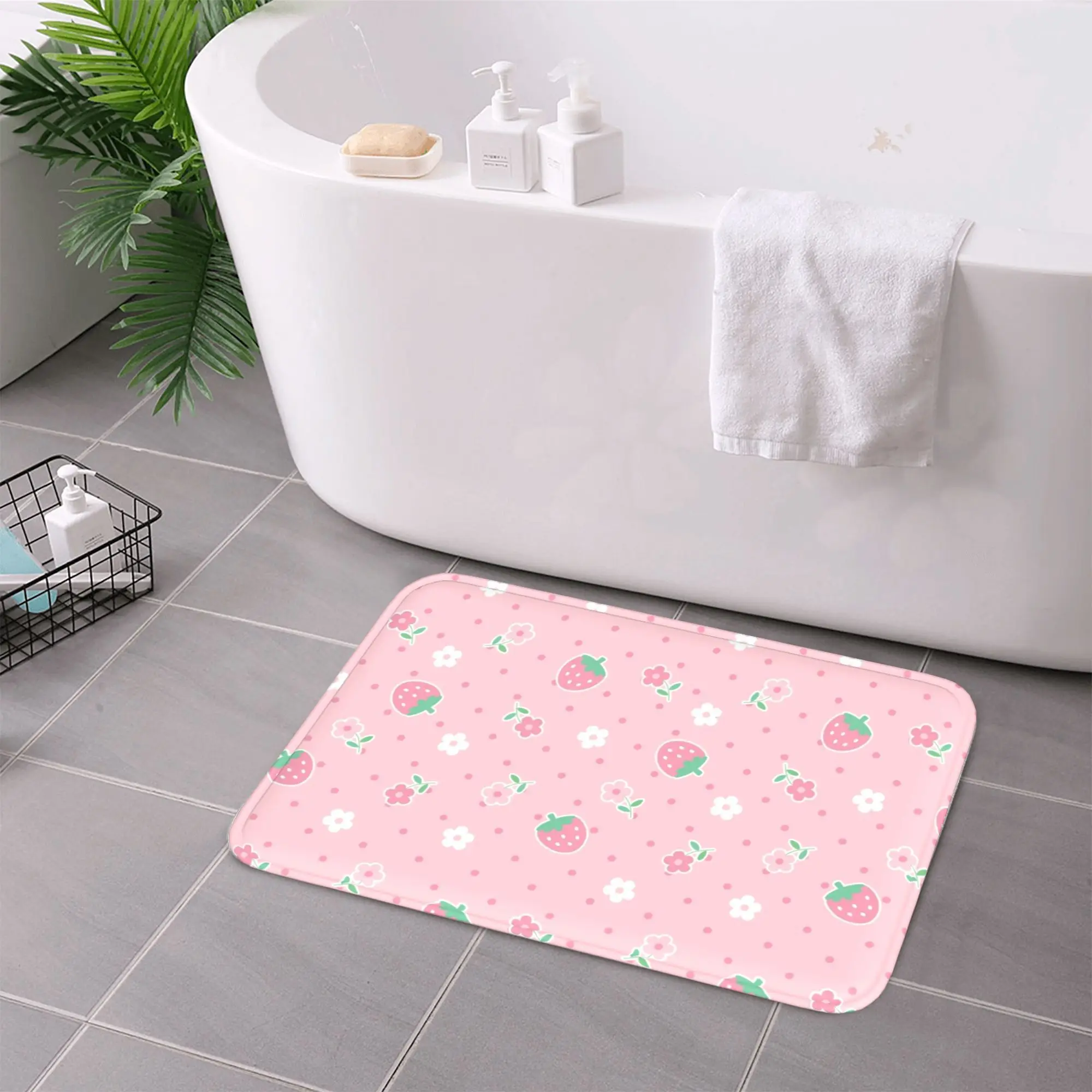 1pc Cute strawberry pink polka dot pattern floor mat, made of polyester fabric, suitable for bedroom and living room decoration.