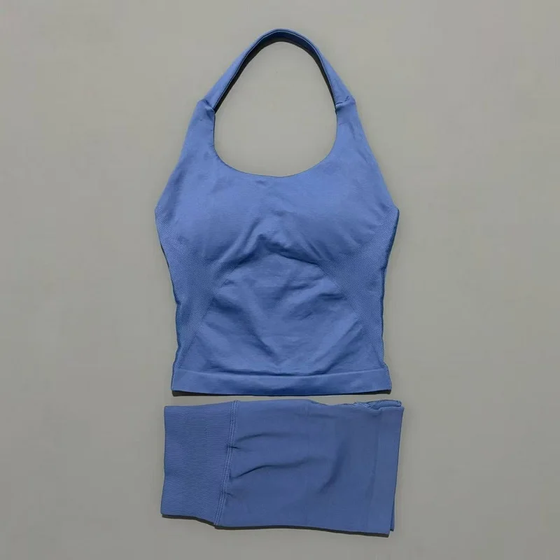 2-delige yogaset voor dames, haltertop zonder rug, high waist naadloze shorts, gympak, fitness sportkleding, workout set