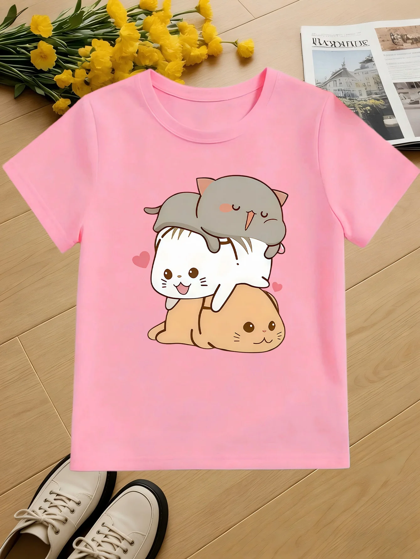 Stacked Cute Kittens Kids Tee Heart Cartoon Cat Graphic Print Boys Girls Family Matching Cotton Short Sleeve Children Tshirt
