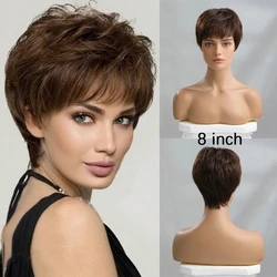 HAIRCUBE Short Pixie Cut Wig Straight Human Hair Wigs for Women Dark Brown Wigs with Fluffy Bangs Heat Resistant Pure Remy Hair