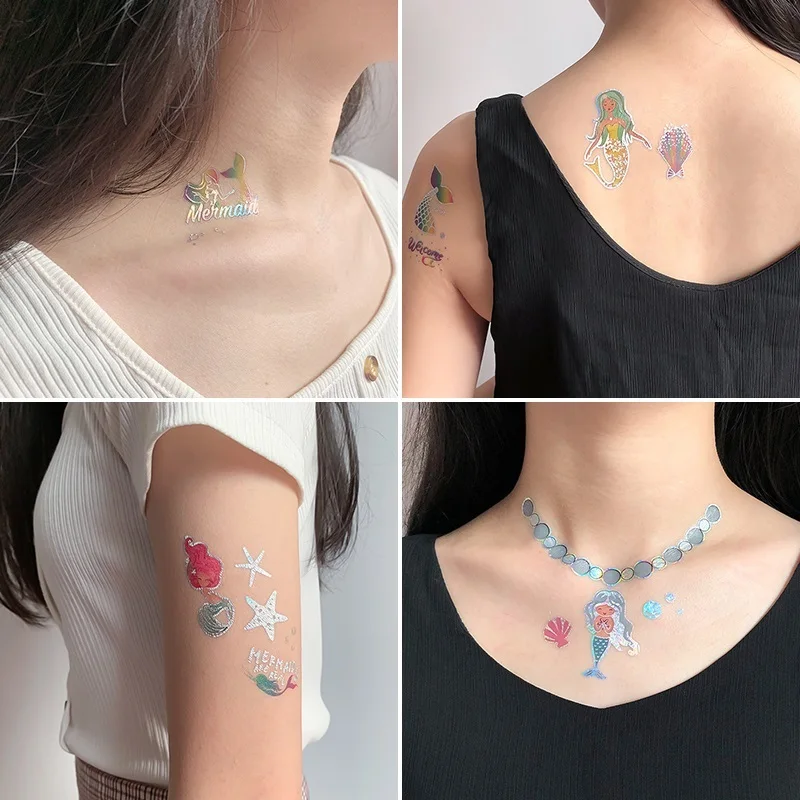 Mermaid Silver Golden Bronzing Temporary Tattoo Waterproof Gilding Metallic Shiny Party Make-up Sticker Disposable Body Art Cool