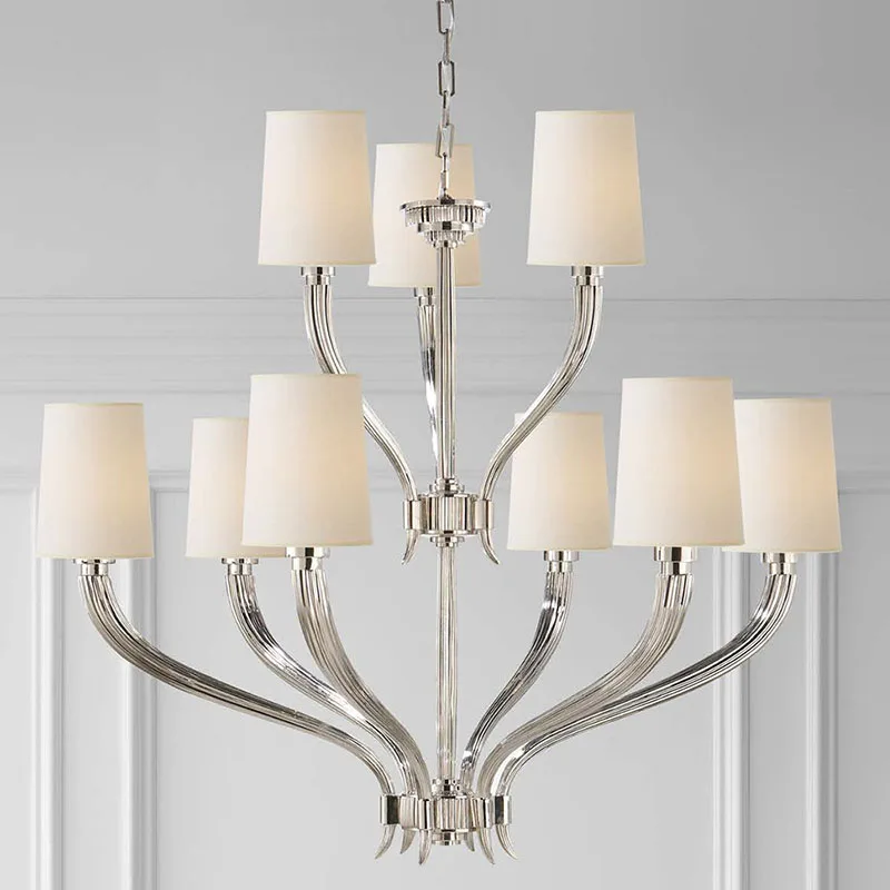 Modern Chandelier Lighting With Fabric Lampshade Brass Hanging Lamp For Living Room Hallway Staircase Ceiling Light Fixture