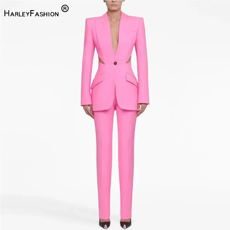 European Style Lady Sexy Hollow Out Suit Woman Solid V-neckline Long Sleeve Single Button Blazer Pencil Pants