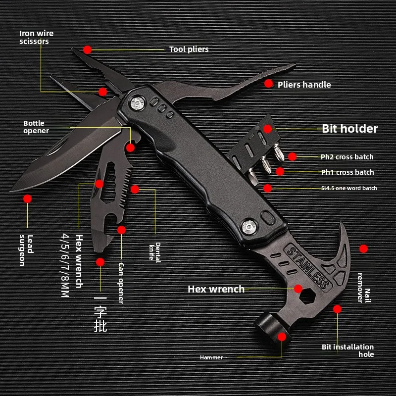 Outdoor portable multifunctional fitter hammer, stainless steel  sheep horn hammer, camping woodworking  emergency tool hammer