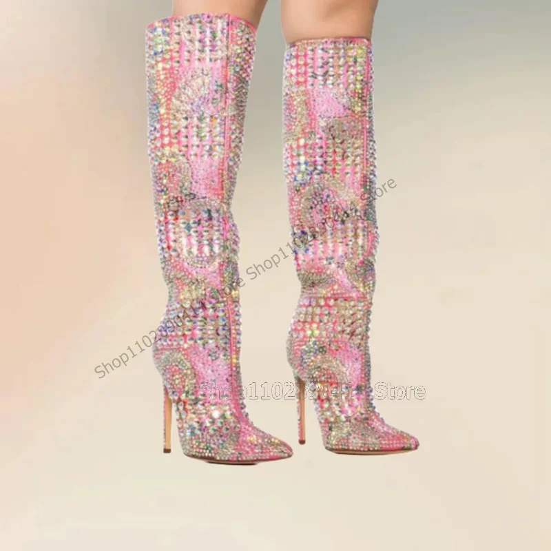 

Pink Graffiti Print Rivets Decor Pointed Toe Boots Slip On Women Shoes Thin High Heels Fashion Banquet 2023 Zapatos Para Mujere