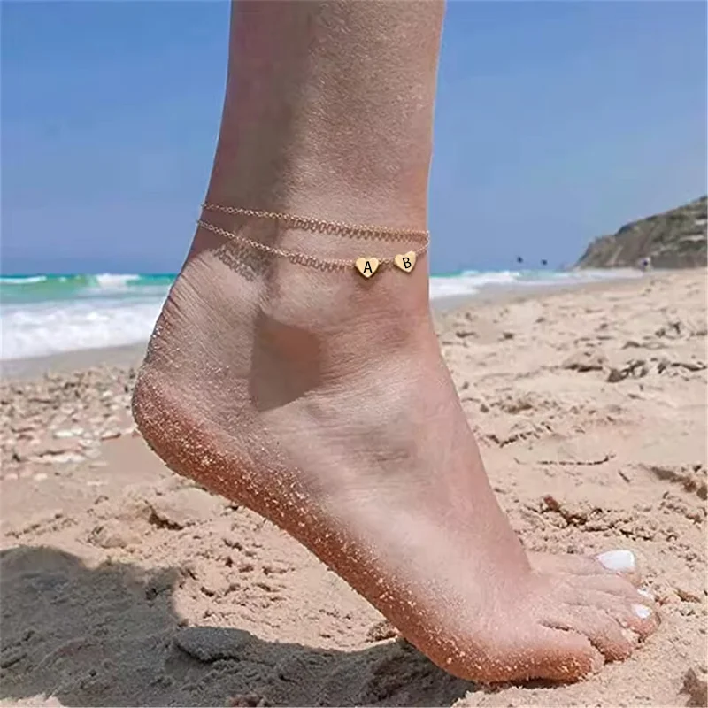 Customizable Stainless Steel Heart-Shaped Pendant Anklet Engraved with Letters Fashionable Gift for Women Birthdays And Holidays