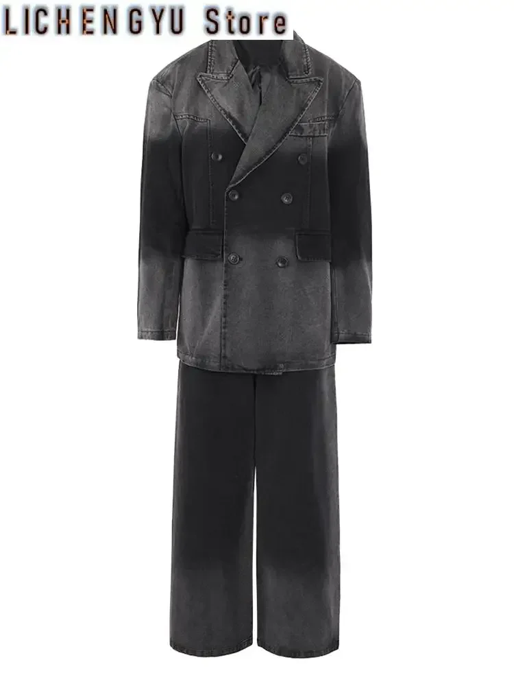 Gray Big Size Denim Jacket Wide Leg Pants Two Piece Suit New Lapel Long Sleeve Women Fashion Spring Autumn