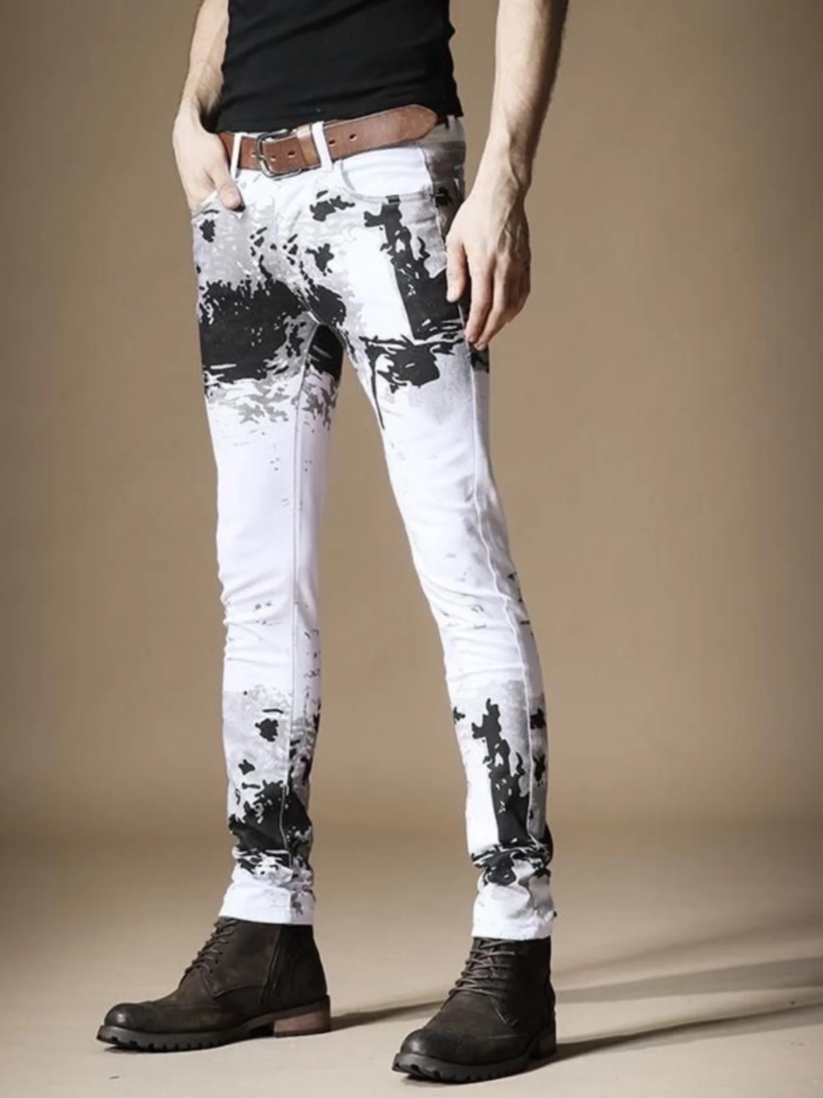 

Fashionable Casual White Jeans Men's Trendy Brand Nightclub Street Spray Ink Print Color Block Dyed Small Footed Pants
