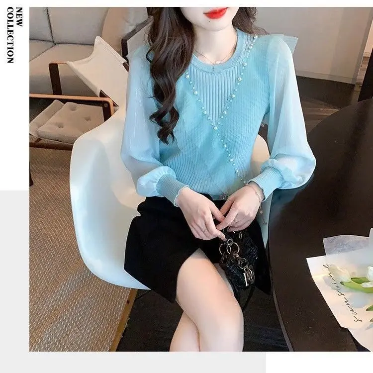 Bottom Shirt Spring and Autumn Women's 2024 New Temperament Mesh Splicing Knitted Sweater Korean Chic Top Sweater Women