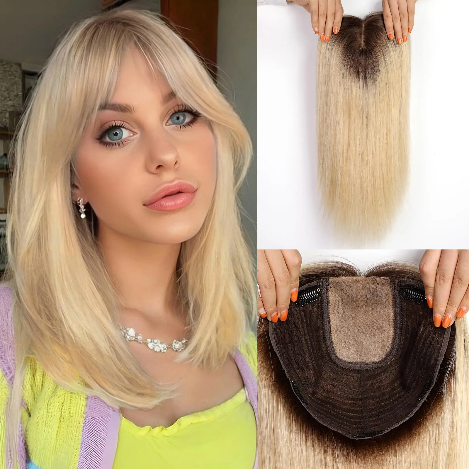 16 Inches Straight Remy Human Hair Toppers for Women Blonde Dark Root Hair Extensions 3 Clips in Hairpieces