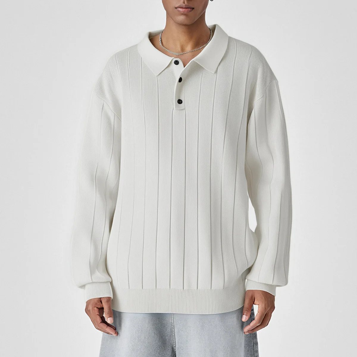 Männer Vintage Gestreiften Revers POLO Gestrickte Pullover Mann Business Casual Mode Lose Beiläufige Langarm Pullover Pullover Tops