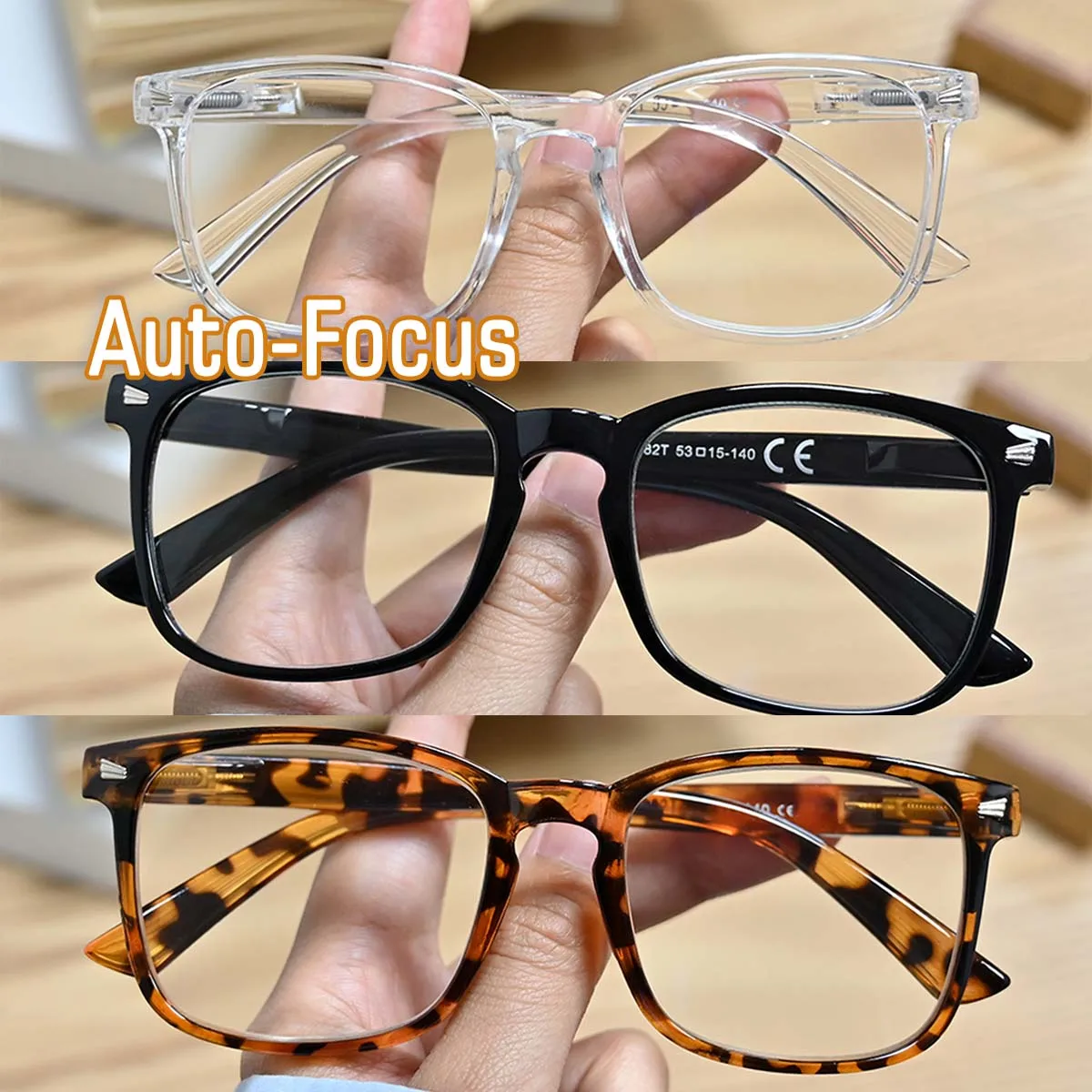 Lesebrille mit Autofokus für Herren, Rechteckiges Klassisches Gestell, Leichtgewichtig mit Federscharnier